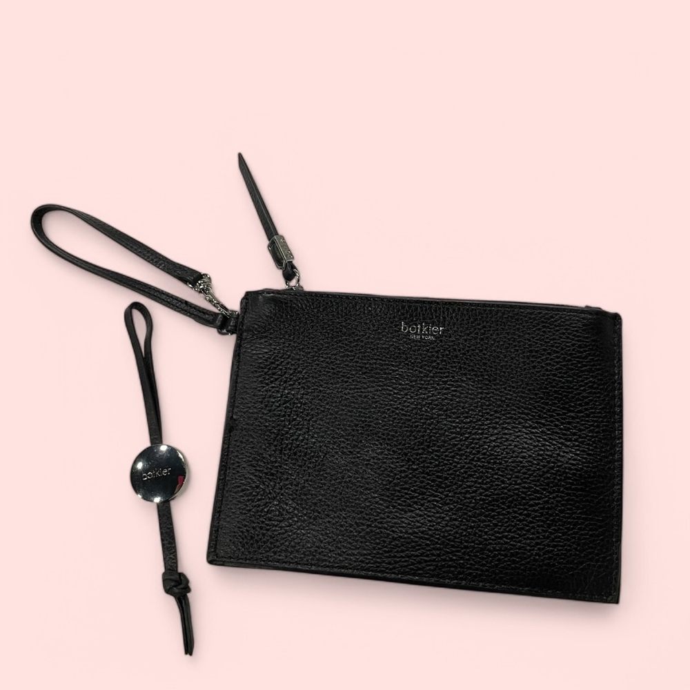Botkier New York black pebbled leather zipper pochette wristlet with logo pull